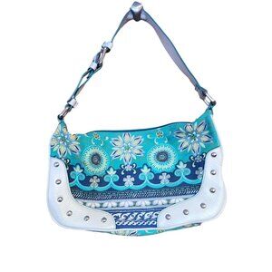 The Sak Floral Embroidered Shoulder Bag White Leather & Blue Fabric Adjustable S
